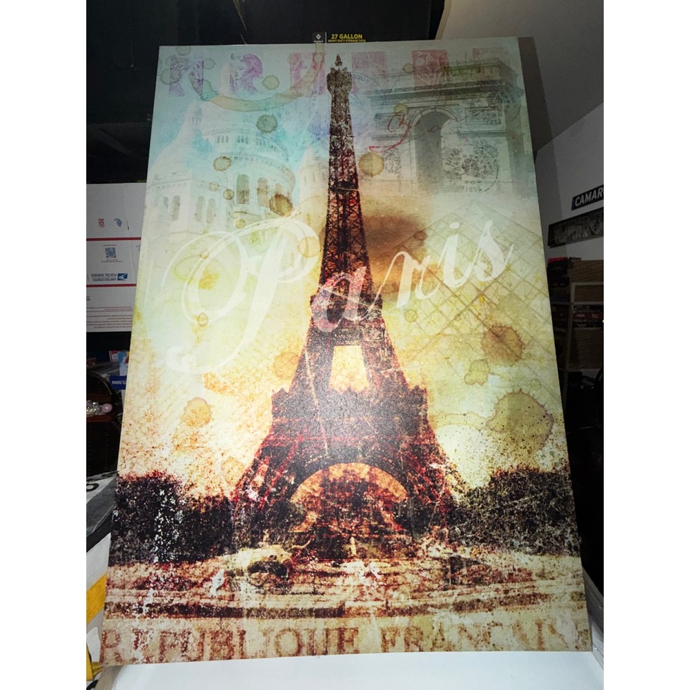 Paris Eiffel Tower Large Canvas Wall Art Vintage Collage Decor 35x24